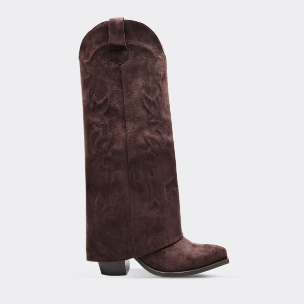 EGO Parton Embroidered Layered Detail Knee High Long Western Cowboy Boot In Brown Faux Suede, Women's Size UK 3 - 1