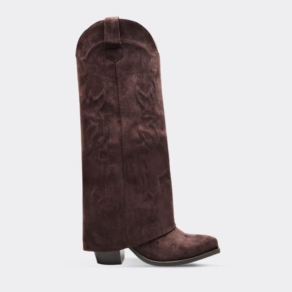 EGO Parton Embroidered Layered Detail Knee High Long Western Cowboy Boot In Brown Faux Suede, Women's Size UK 3