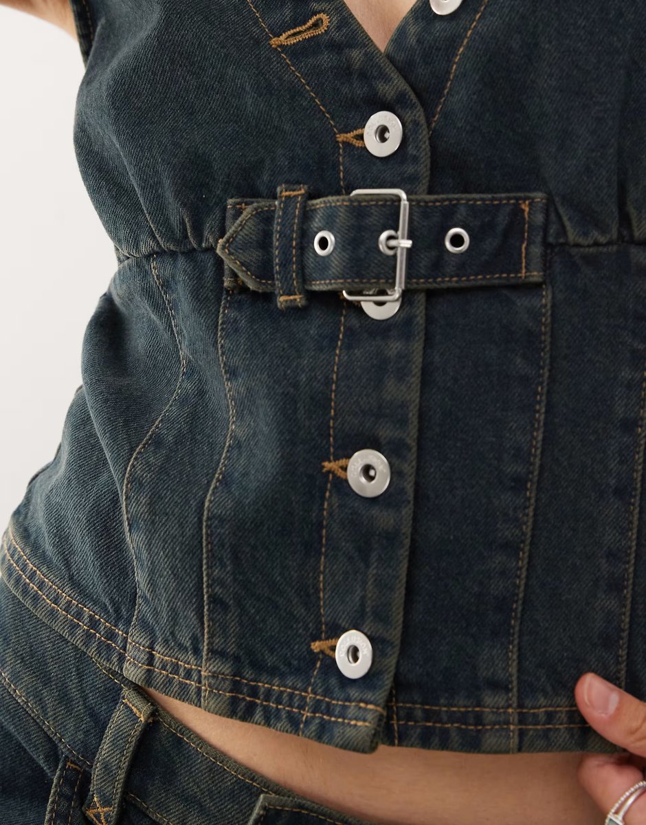 ASOS COLLUSION festival denim buckle waistcoat co-ord in green wash  - 3