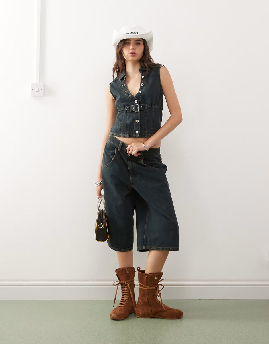 ASOS COLLUSION festival denim buckle waistcoat co-ord in green wash  - 4