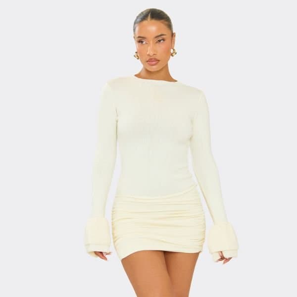 EGO Ruffle Sleeve Ruched Front Mini Dress In Cream Knit, Women's Size UK Large L
