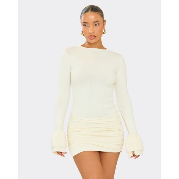 EGO Ruffle Sleeve Ruched Front Mini Dress In Cream Knit, Women's Size UK Large L - 2