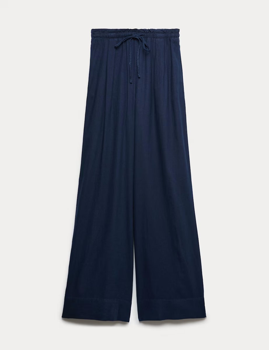 Marks & Spencer M&S Linen Rich Drawstring Wide Leg Trousers Navy - 2