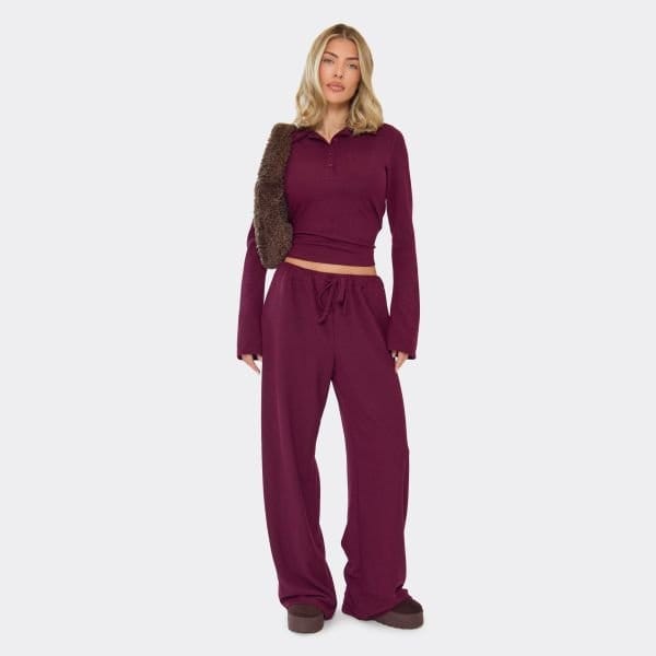 EGO Drawstring Waist Detail Straight Leg Trousers In Burgundy Ribbed, Women's Size UK 6 - 1