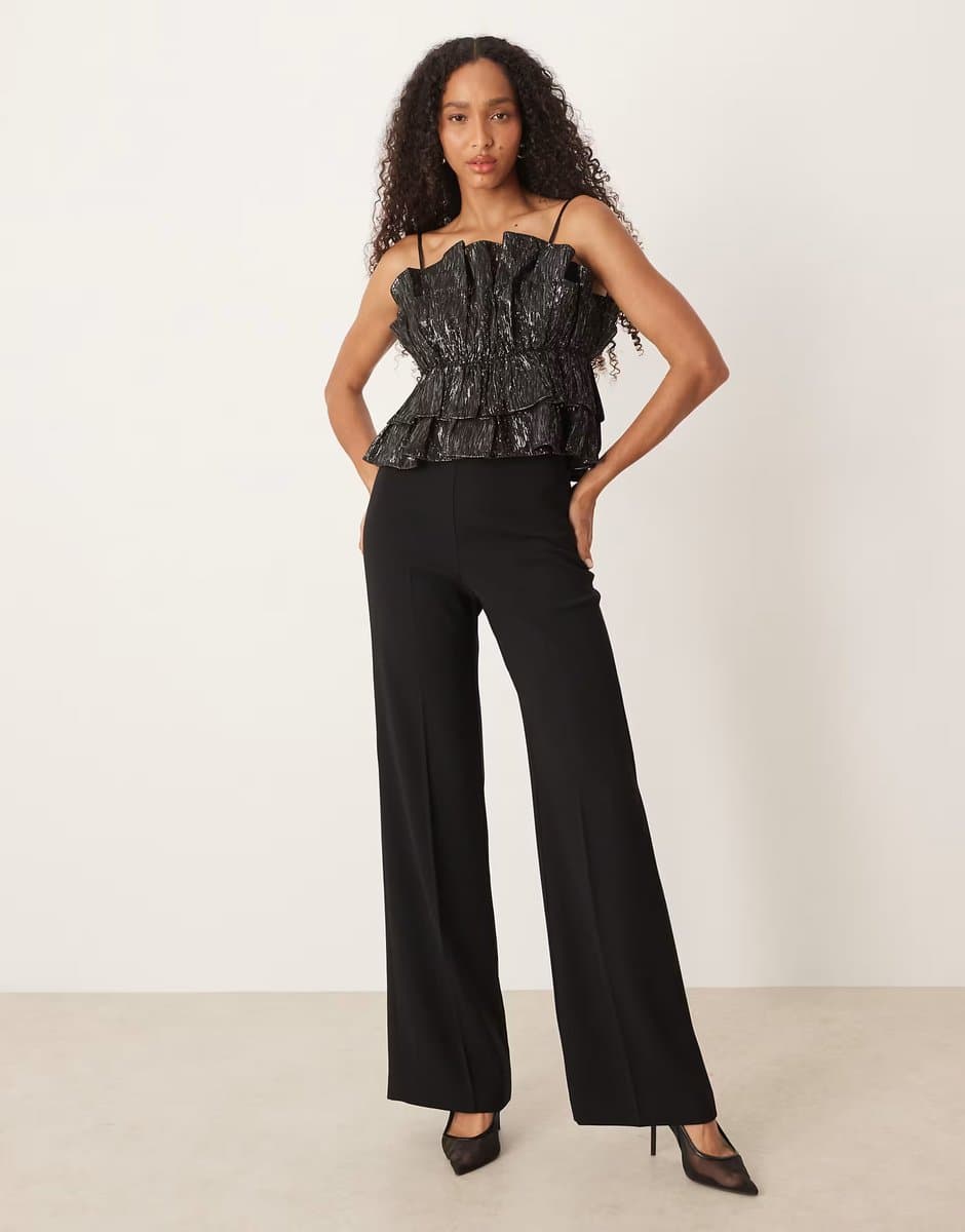 ASOS YAS exaggerated ruffle glitter detail top in black 
