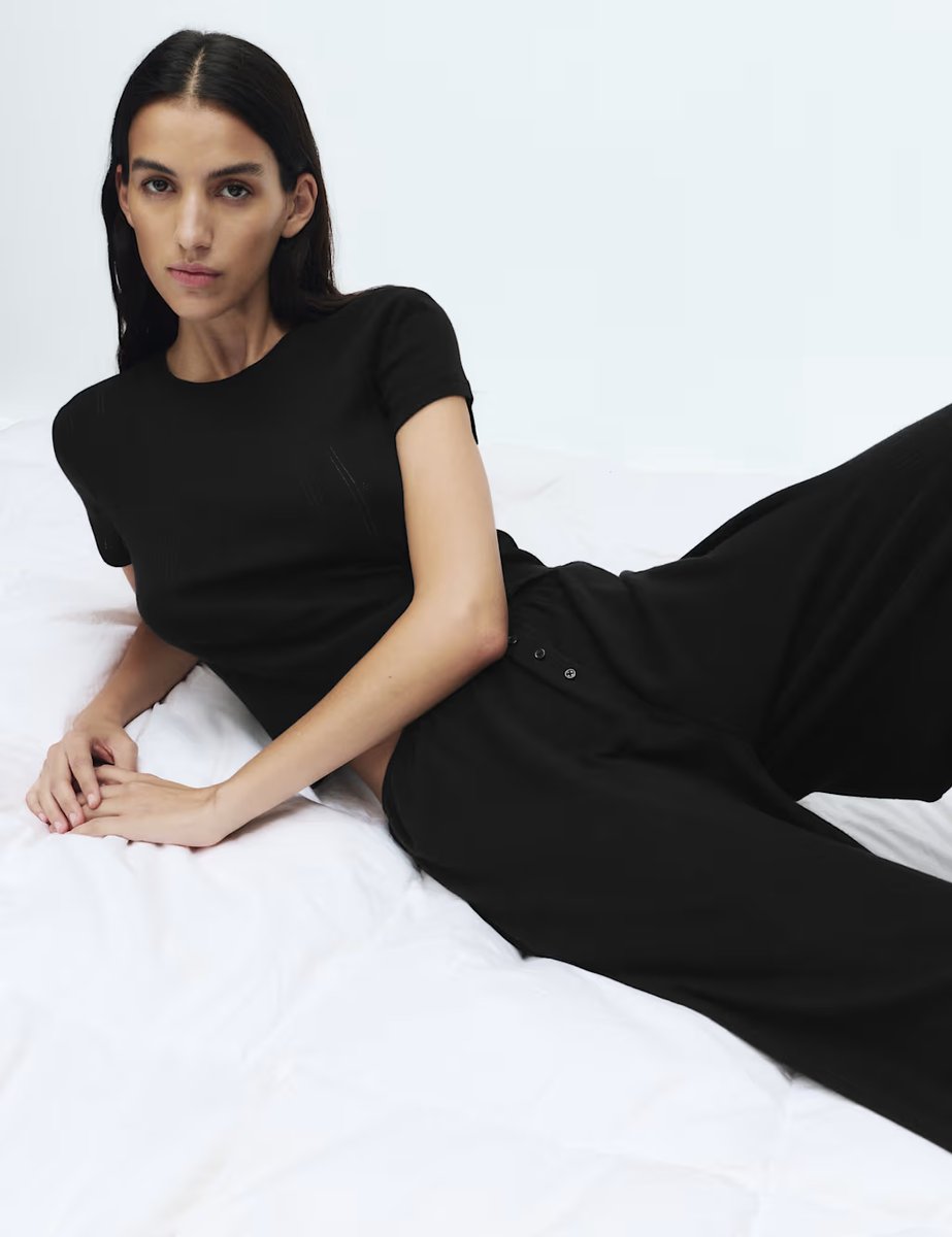 Marks & Spencer M&S Pure Cotton Pointelle Wide Leg Pyjama Bottoms Black - 3