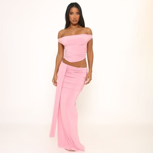 EGO Low Waist Ruched Drape Detail Maxi Skirt In Pink Slinky, Women's Size UK 6