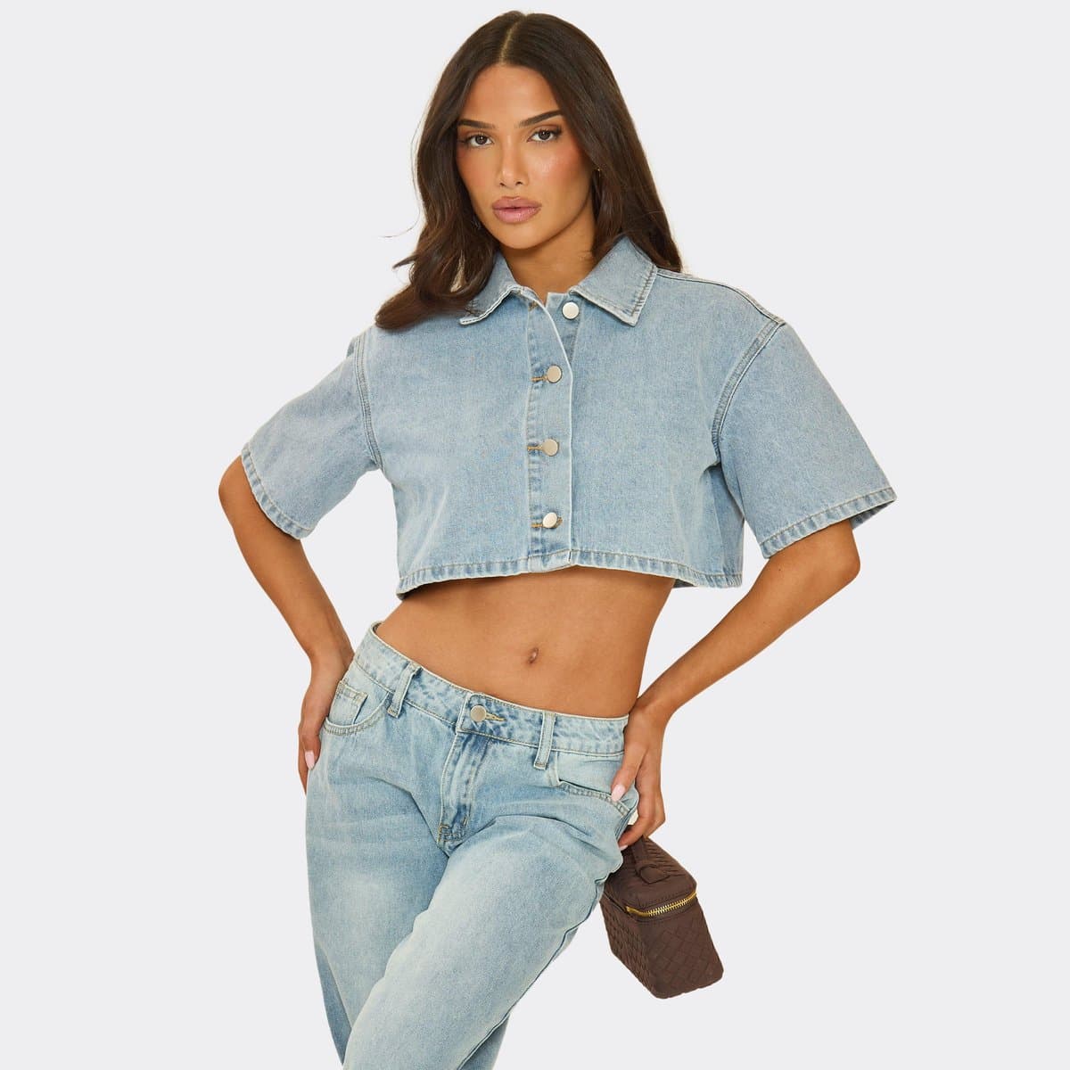 EGO EGO Light Blue Denim Short Sleeve Button Front Crop Top