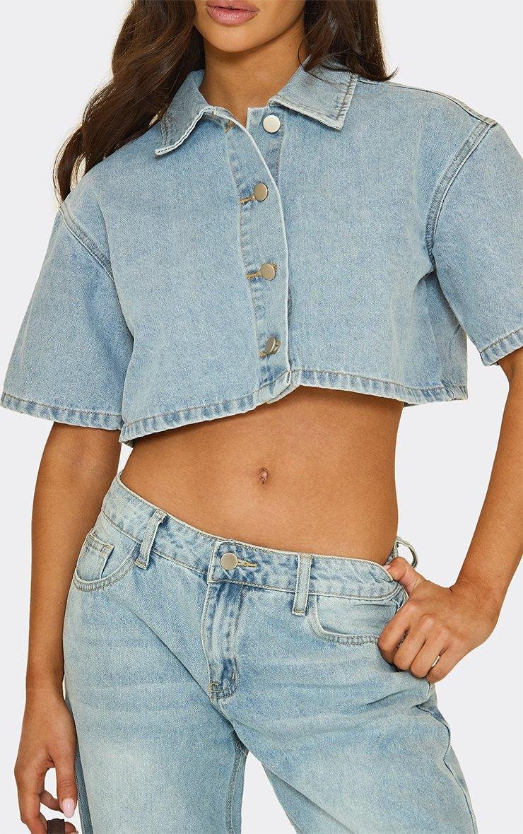 EGO Short Sleeve Button Front Crop Top In Light Blue Denim, Women's Size UK 6 - 2