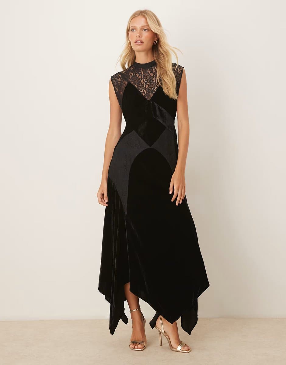 ASOS ASOS DESIGN velvet and lace mix maxi dress with hanky hem in black