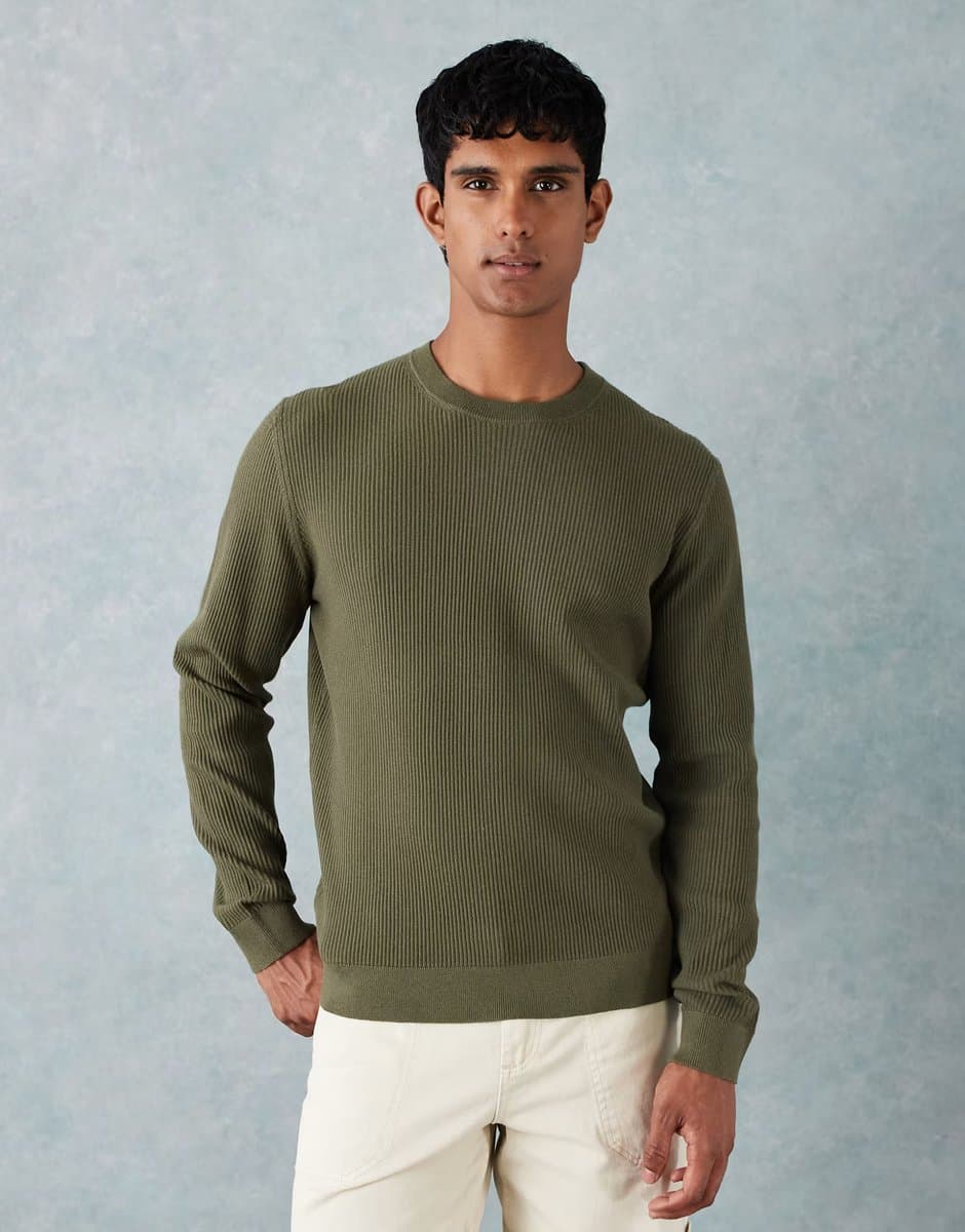ASOS ASOS Olive Green Crew Neck Jumper with Ribbed Detail