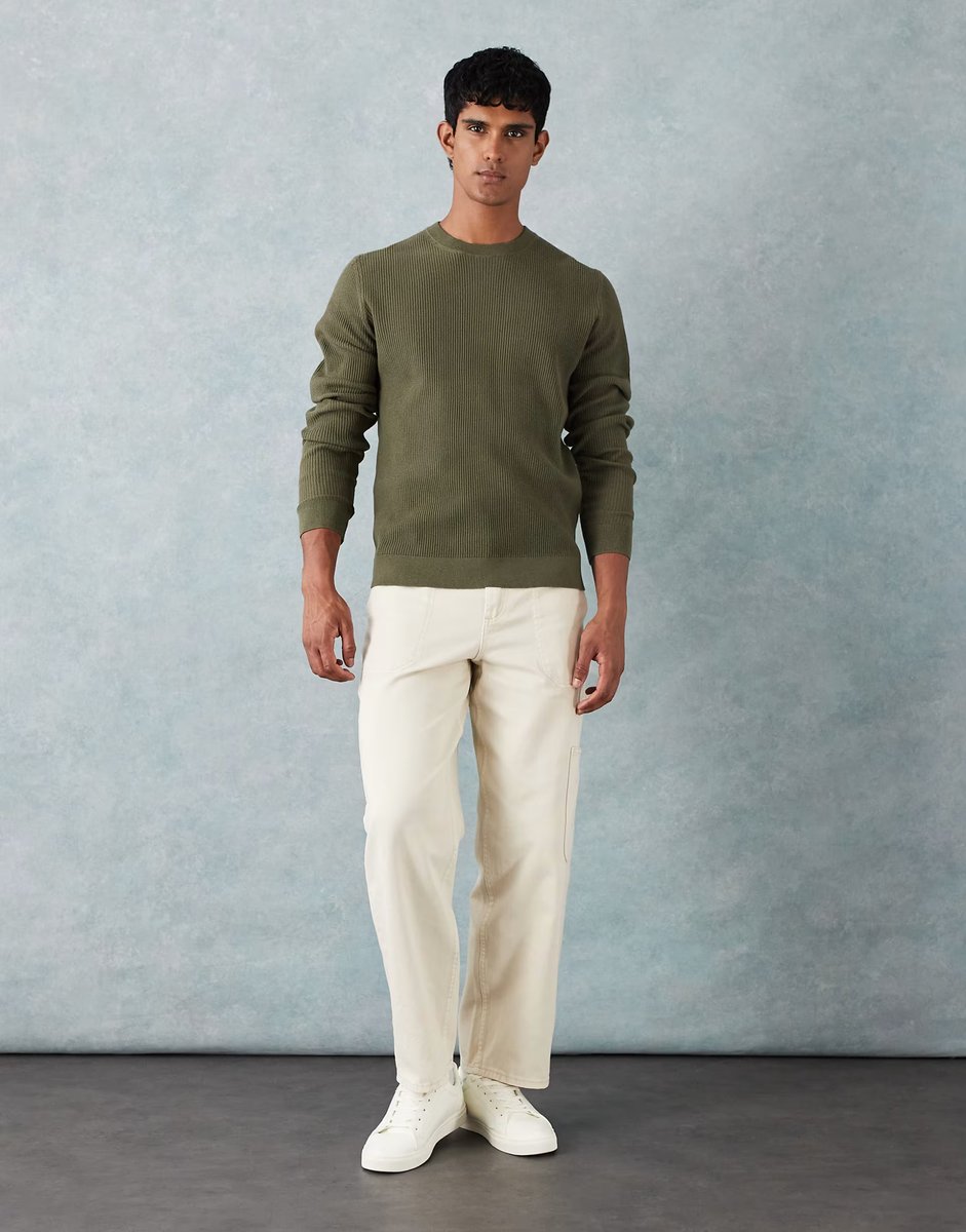 ASOS Mango cotton mix knitted crew neck jumper in olive green - 2