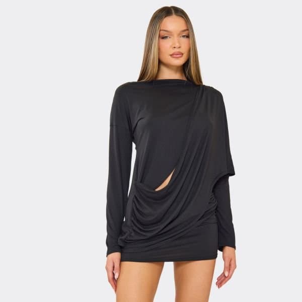 EGO Long Sleeve Drape Front Detail Top In Black, Women's Size UK 6