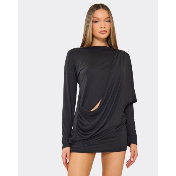 EGO Long Sleeve Drape Front Detail Top In Black, Women's Size UK 6 - 2