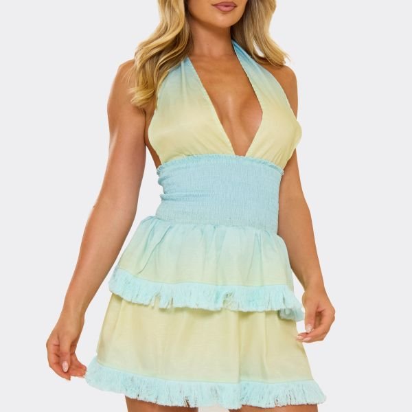 EGO Halterneck Fringe Trim Detail Mini Dress In Multi Ombre Print, Women's Size UK 6 - 2