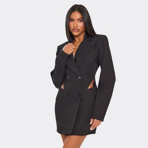 EGO Long Sleeve Plunge Front Cut Out Side Detail Blazer Dress In Black, Women's Size UK 6