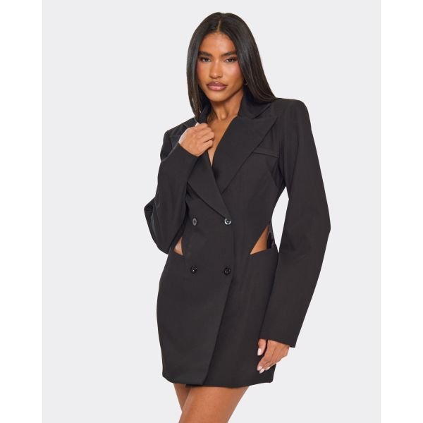 EGO Long Sleeve Plunge Front Cut Out Side Detail Blazer Dress In Black, Women's Size UK 6 - 2