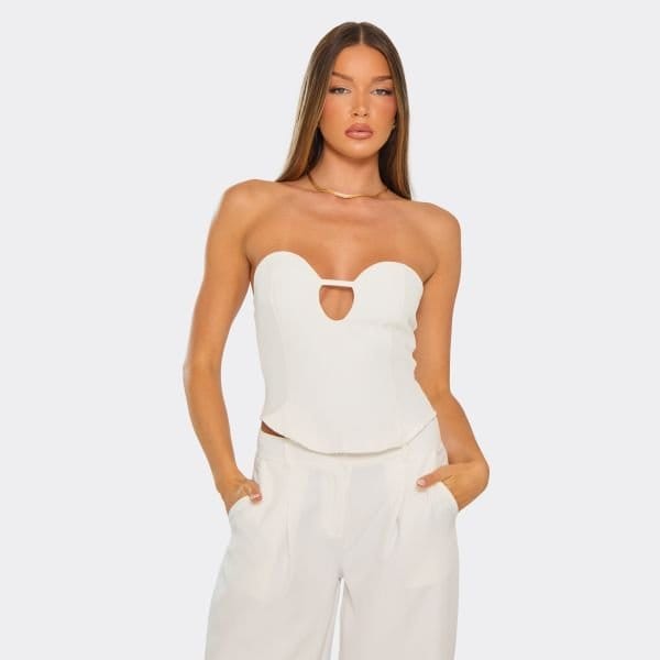EGO Bandeau Cut Out Detail Curved Hem Fitted Top In White, Women's Size UK 6 - 1