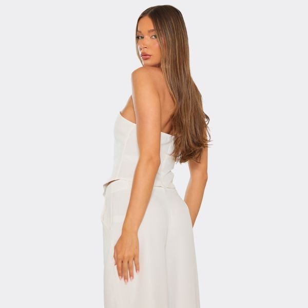 EGO Bandeau Cut Out Detail Curved Hem Fitted Top In White, Women's Size UK 6 - 2