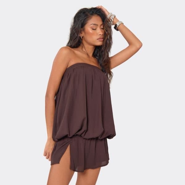 EGO BANDEAU PUFFBALL FLOATY MINI DRESS IN BROWN, Women's Size UK 6