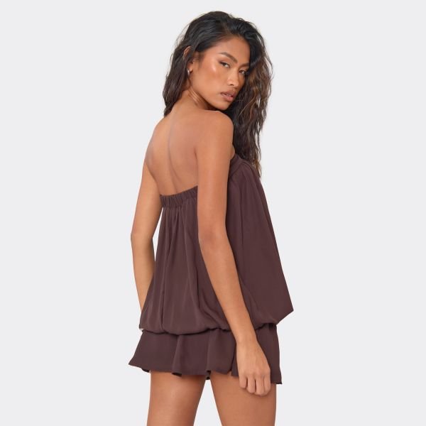EGO BANDEAU PUFFBALL FLOATY MINI DRESS IN BROWN, Women's Size UK 6 - 2