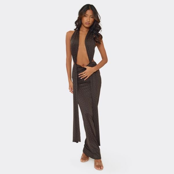 EGO Halterneck Plunge Knot Detail Maxi Dress In Chocolate Brown, Women's Size UK 6 - 1
