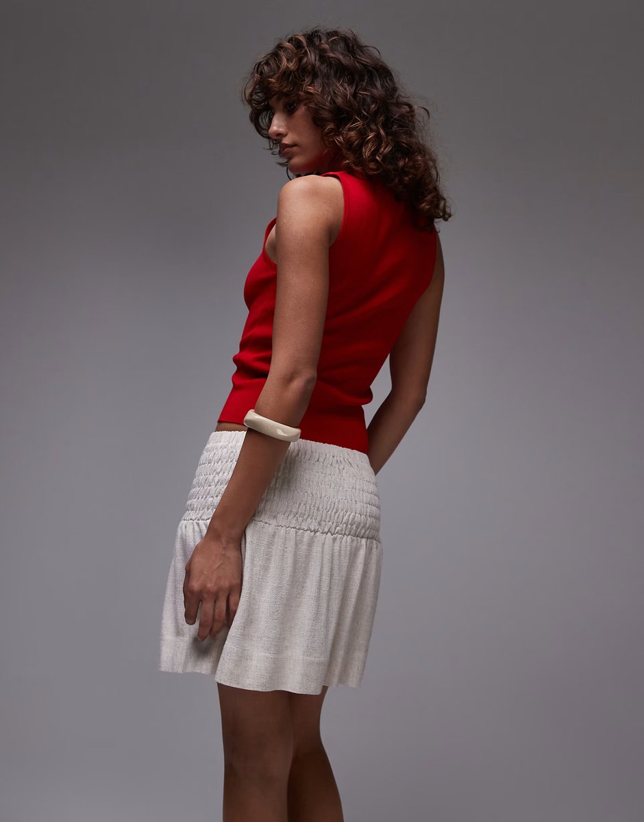 ASOS Topshop high rise linen mini skirt with ruched sides in natural - 3