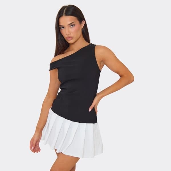 EGO One Shoulder Asymmetric Contrast Pleated Hem Mini Dress In Black, Women's Size UK 6