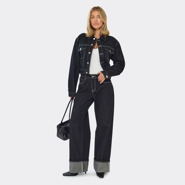 EGO Turn Up Hem Wide Leg Jeans In Black Denim, Women's Size UK 6