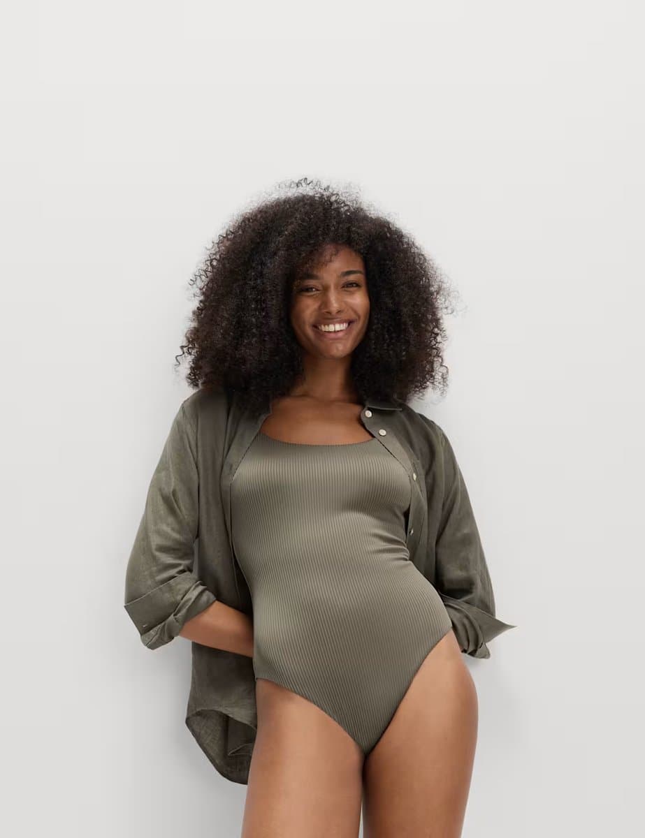 Marks & Spencer M&S Ribbed Textured Scoop Neck Swimsuit Dark Khaki