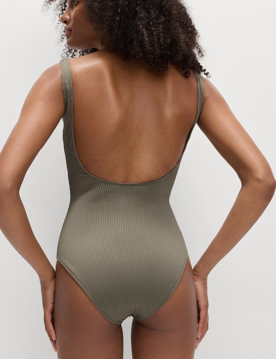 Marks & Spencer M&S Ribbed Textured Scoop Neck Swimsuit Dark Khaki - 4
