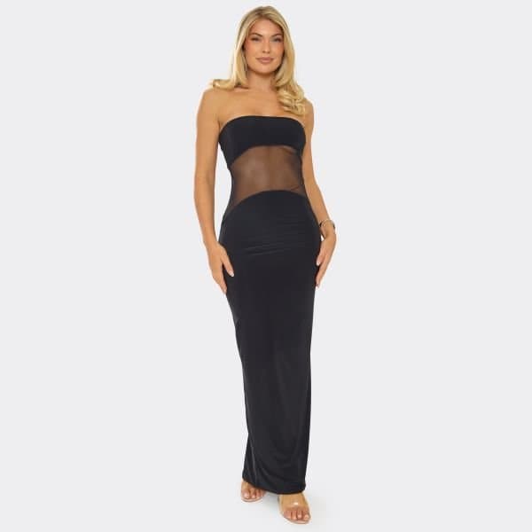 EGO Bandeau Mesh Insert Detail Maxi Dress In Black, Women's Size UK 10