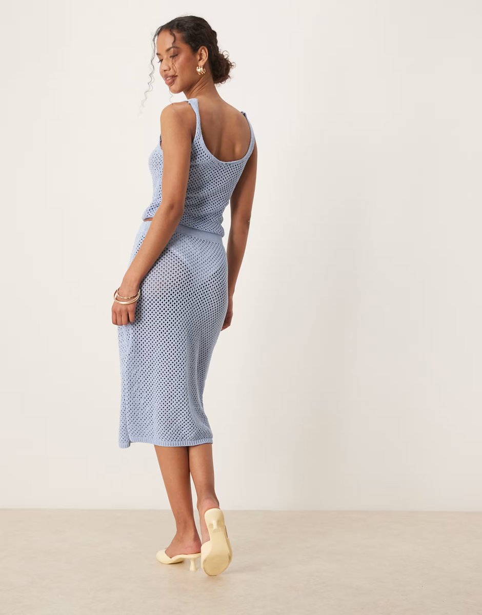 ASOS Mango crochet straight fit embelished midi skirt co-ord in sky blue - 2