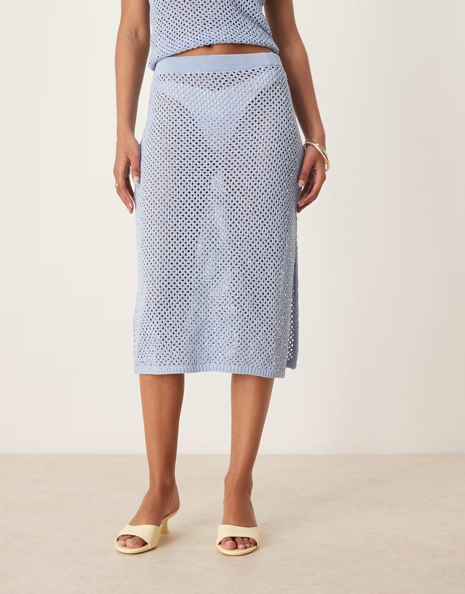ASOS Mango crochet straight fit embelished midi skirt co-ord in sky blue - 3