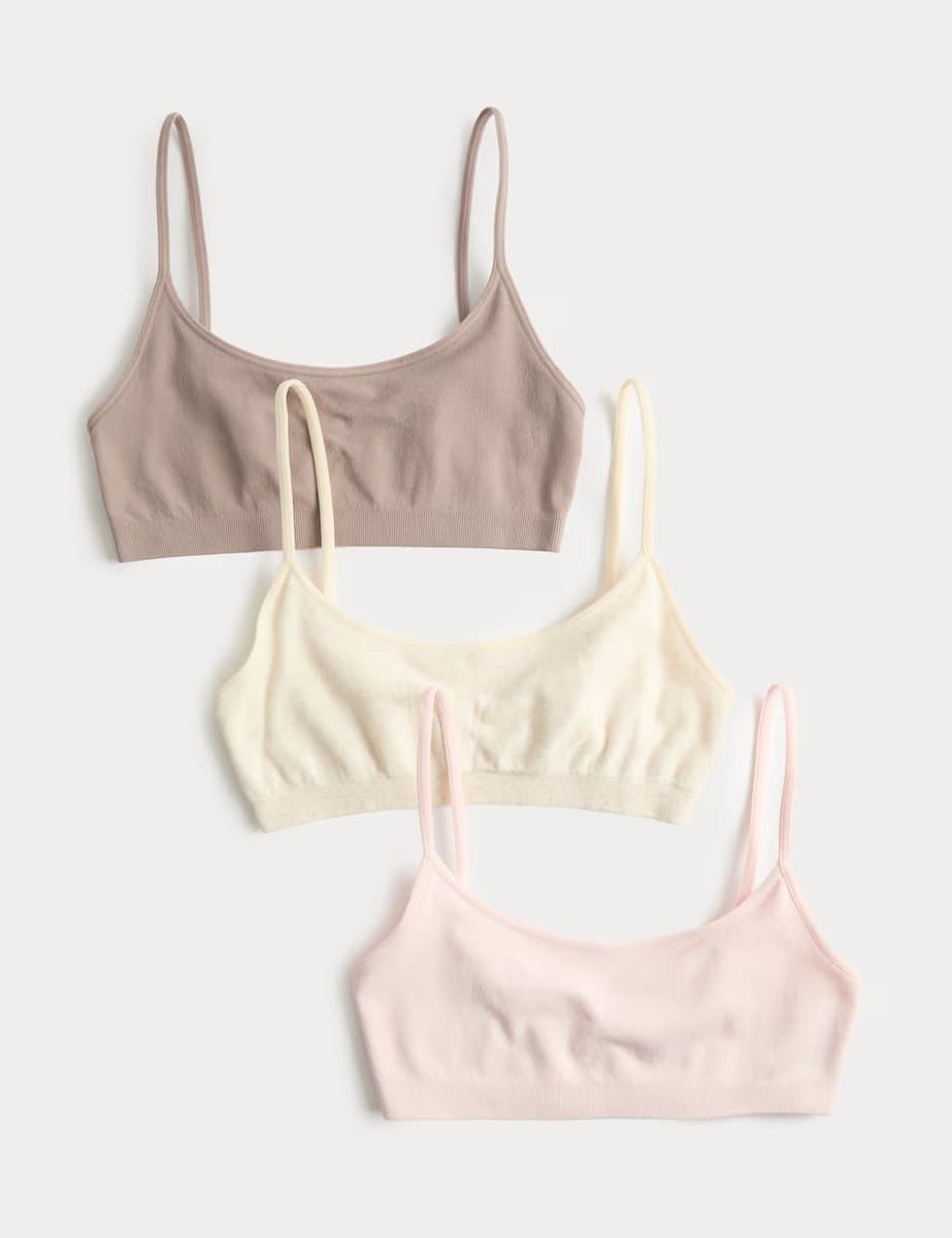 Marks & Spencer M&S 3 Pack Microfibre Seamless Non Wired Crop Tops Oatmeal Mix