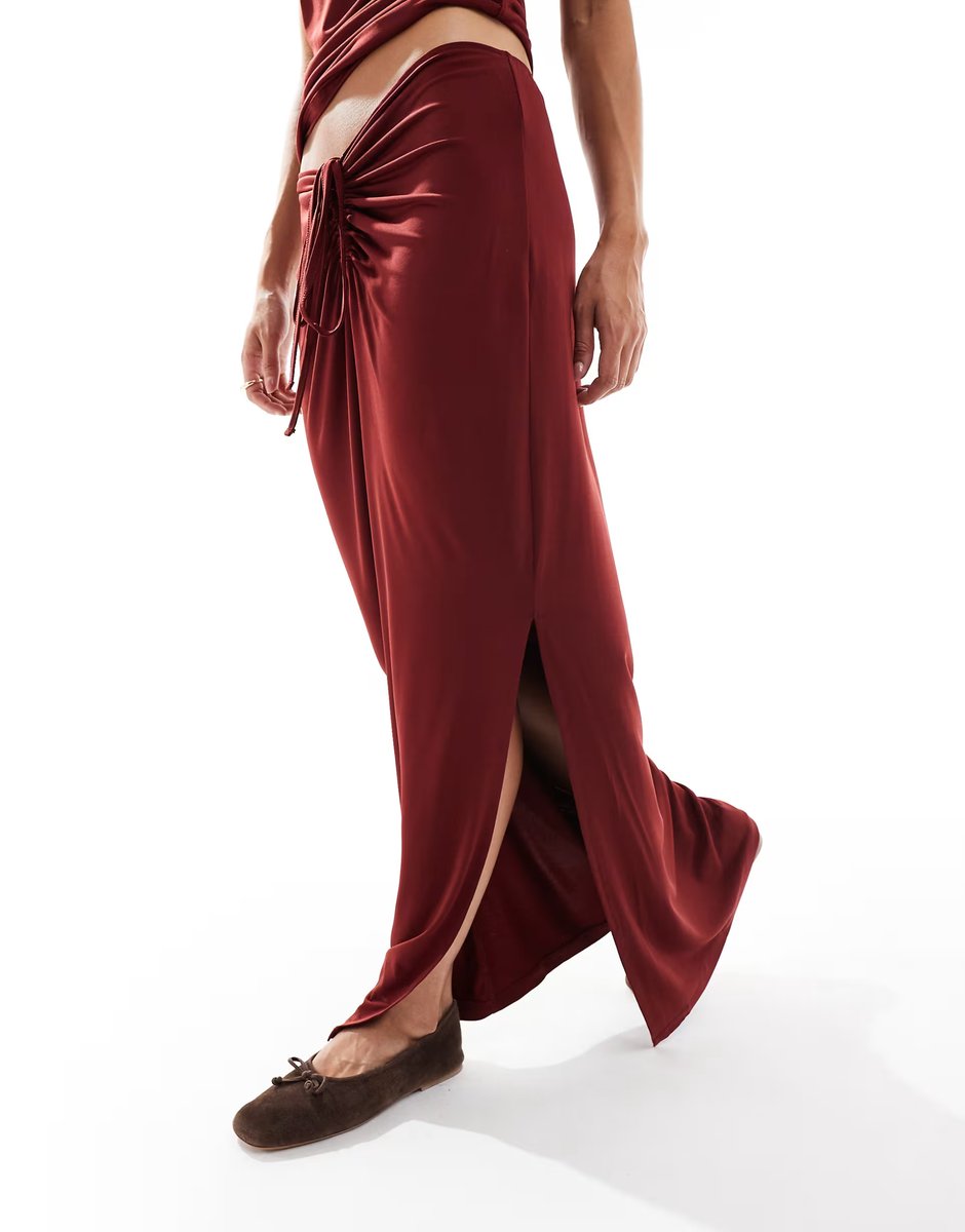 ASOS Vero Moda slinky ruched front maxi skirt co-ord in burgundy - 2