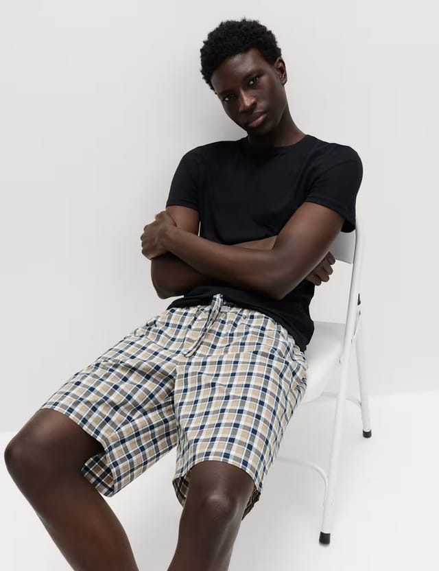 Marks & Spencer M&S 2 Pack Pure Cotton Checked Pyjama Shorts Blue Mix - 3