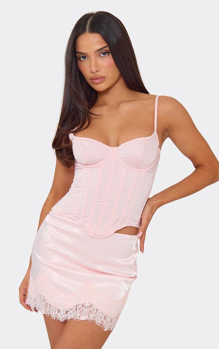 EGO Mid Rise Lace Trim Mini Skirt In Pink Satin, Women's Size UK 6 - 2
