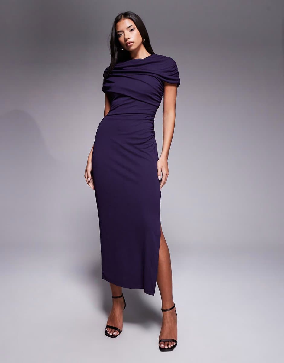 ASOS Forever New mesh ruched cape shoulder detail midi dress in dark purple