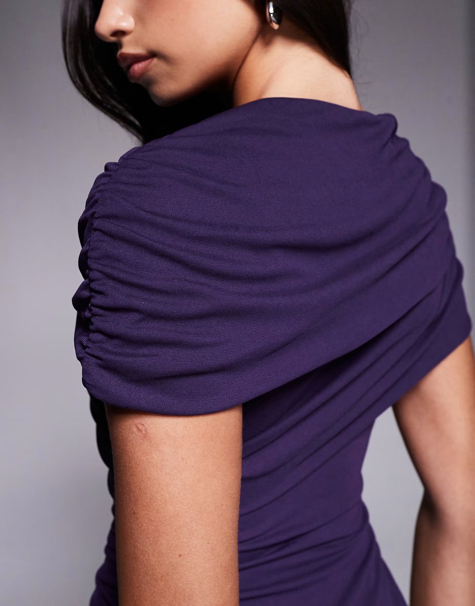 ASOS Forever New mesh ruched cape shoulder detail midi dress in dark purple - 3