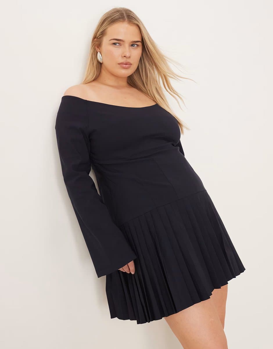 ASOS ASOS DESIGN Curve long sleeve pleated skirt mini dress in navy