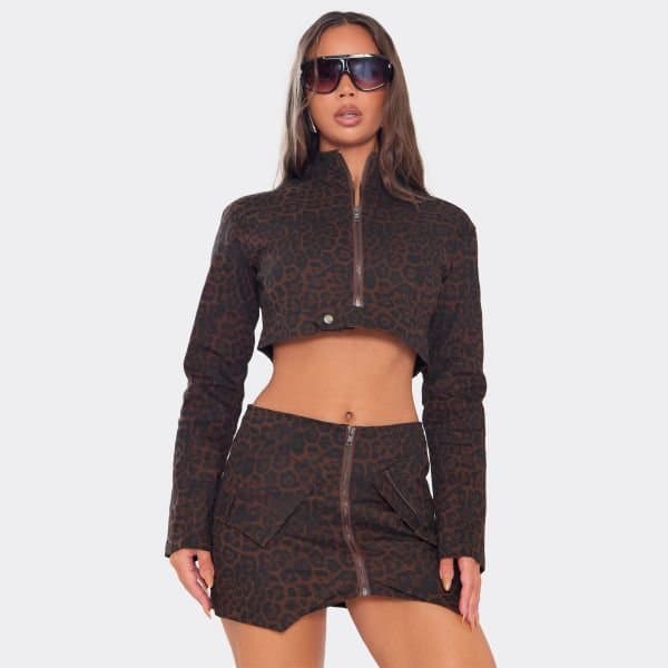 EGO High Neck Zip Front Cropped Jacket In Brown Leopard Print, Women's Size UK 6