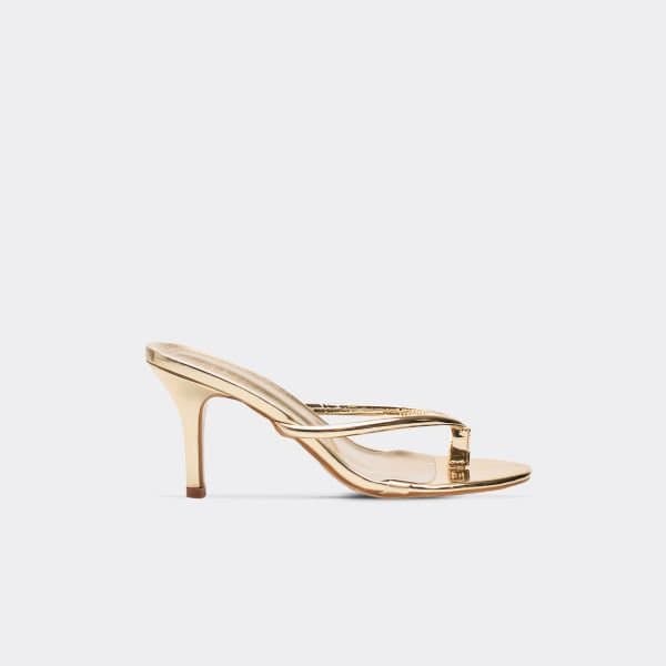 EGO Elphie Thong Strap Heeled Mule In Gold Faux Leather, Women's Size UK 3