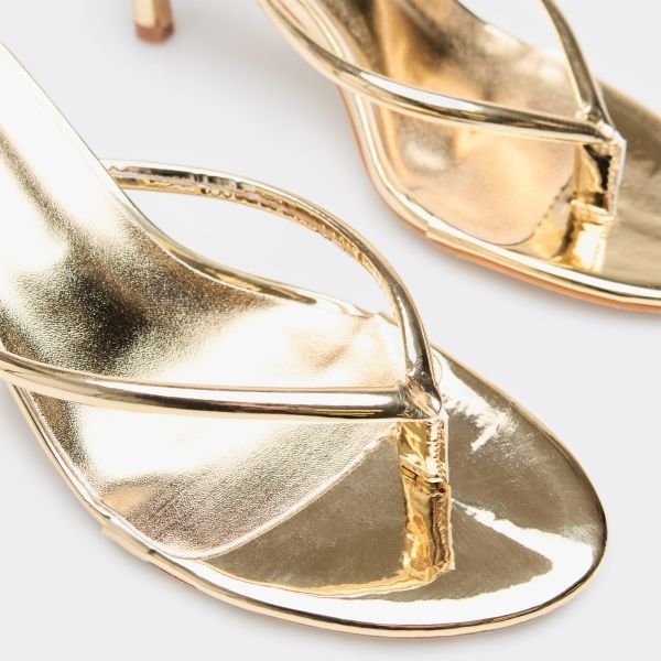 EGO Elphie Thong Strap Heeled Mule In Gold Faux Leather, Women's Size UK 3 - 2