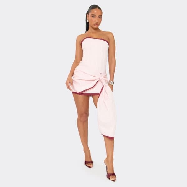 EGO Lace Trim Ruched Drape Detail Mini Skirt In Pink Satin, Women's Size UK 6