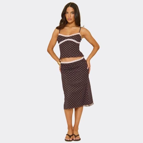 EGO Mid Rise Lace Trim Detail Maxi Skirt In Brown Polka Dot, Women's Size UK 6