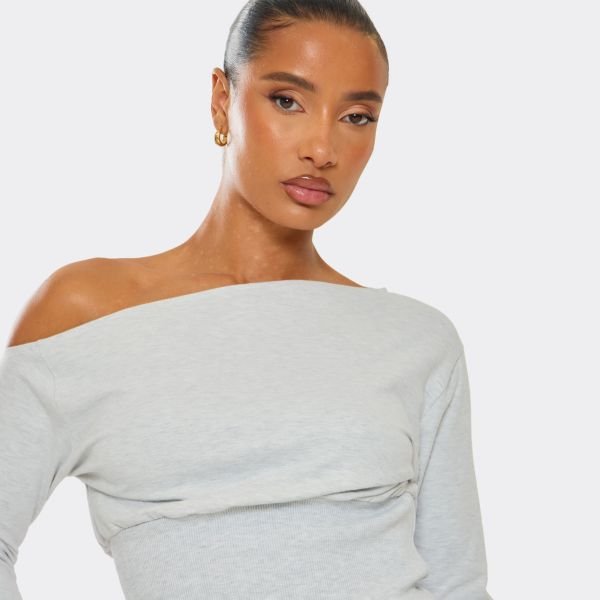 EGO Long Sleeve Asymmetric Cinched Waist Top In Light Grey Marl, Women's Size UK 4 - 2