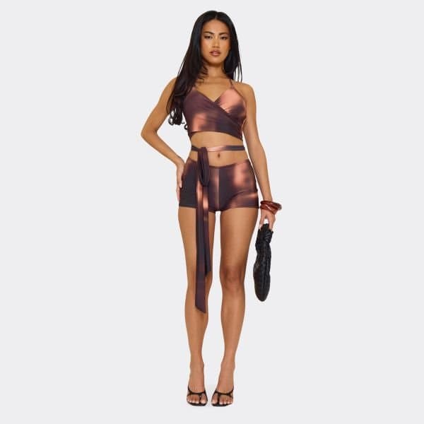 EGO EGO Mid Rise Hot Pants in Brown Printed Slinky
