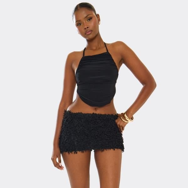 EGO Halterneck Curved Hem Tie Back Detail Top In Black Slinky, Women's Size UK 12