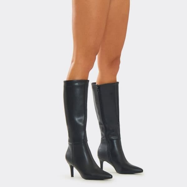 EGO Tarsier Pointed Toe Knee High Long Heeled Boot In Black Faux Leather, Women's Size UK 7